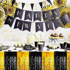 3 Pack 29 x108 Inch Black and Gold Foil Fringe Table Skirts Metallic Banner for Tinsel Streamer Garland Backdrop for Parade Floats Mother's Day, Graduate, Birthday, Wedding Party Decoration