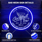 Personalized Cocktail Bar Neon Sign for Home Bar, Custom LED Neon Signs for Man Cave Pub Tavern Bistro Lounge Martini Wall Decor, Customized LED Light Up Signs for Men Dad Husband Gifts