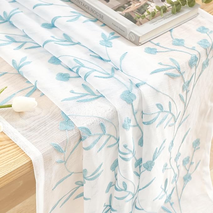 Sheer Curtains Floral Embroidery White-Blue 84 Inch Long Rod Pocket Lace Drapes for Living room, Bedroom, 2 Panels, 52"x84", Semi Voile Pattern Outdoor Window Treatment Sets for Yard, Patio, Parlor.