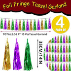4P Gold Green Purple Foil Fringe Tassel Banner Garland Metallic Tinsel Streamers Wall Hanging Curtain Backdrop Banner for Parade Floats, Graduation 2024, Carnival Mardi Gras Party Decorations