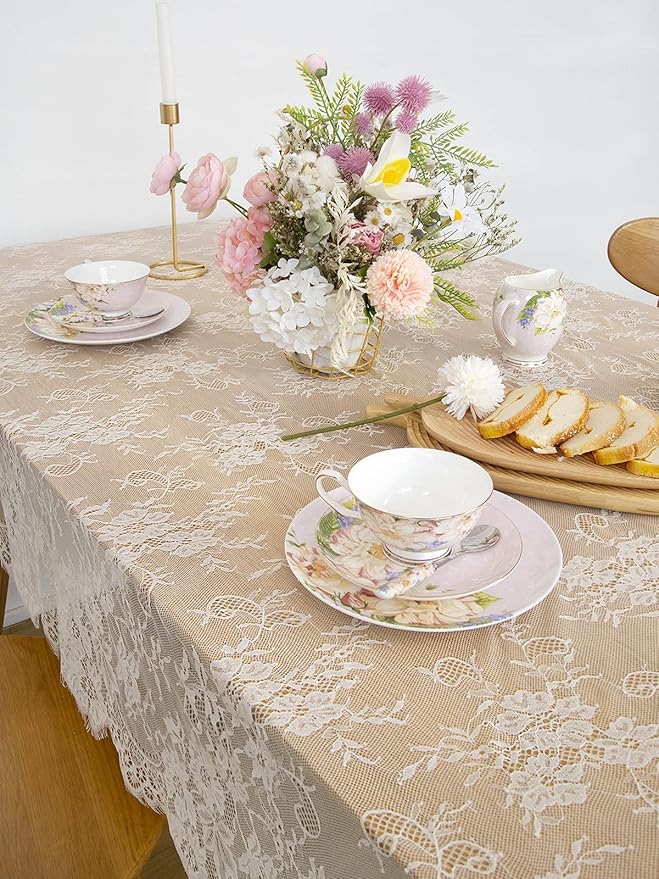 LuoluoHouse Set of 2 Ivory Lace Tablecloths Rectangle Chic Wedding Embroidered Tablecloth 60x120 inch Decorative Tablecloth for Farmhouse Party Birthday Kitchen Table Linens
