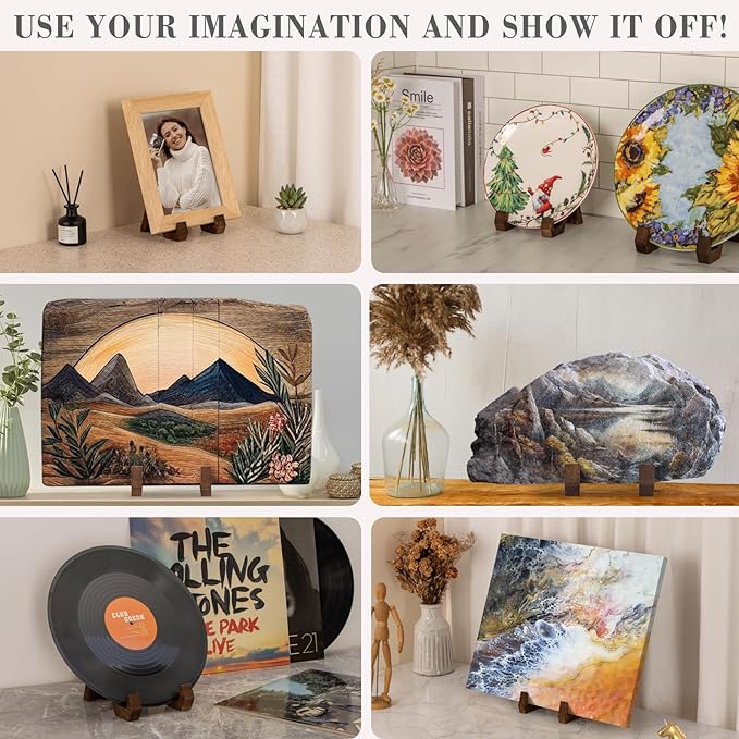 Plate Display Stand, 3 Pack 4 Inch Plate Holder for Displaying, Decorative Picture Frame Dish Photo Plaque Platter Wood Stand