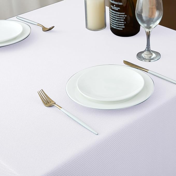 Biscaynebay Textured Fabric Tablecloths 52x70 Inches Rectangular, White Water Resistant Tablecloths for Dining, Kitchen, Wedding and Parties etc. Machine Washable