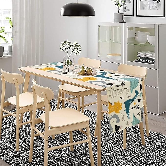 Cartoon Dinosaur Table Runner,Kids Boys Cute Various Dino Moutain Modern Abstract Print Tablecloth Burlap for Hotel Indoors Outdoor Dining Room Kitchen Holiday Party, 13x60in