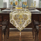 Luxury Table Runner Chenille Embroidered Jacquard Triangle with Pretty Tassels - Beige 13x60 inches