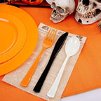 NOCCUR 180PCS Halloween Plastic Silverware Set - Tricolor Flatware Disposable Supplies Include 60 Black Knives, 60 Orange Forks, 60 White Spoons - Ideal for Halloween Party
