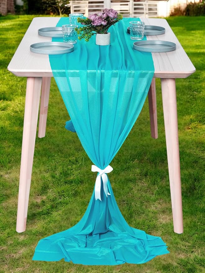 MDS 2 Pack 14ft Chiffon Table Runner 29 x 170 Inches Sheer Wedding Runner Romantic Rustic Table Runner for Wedding Decorations, Birthday Parties, Bridal Shower Party Arch Decor - Peacock Blue
