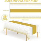 QZYL 12Pack Table Cloth Rectangle Tables, 54" x 108" Disposable Party White Table Cloths with Gold Dot, Waterproof Table Covers for Birthday Outdoor Wedding New Year Eve Birthday Decorations Supplies