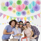 Pastel Party Decorations, 24Pcs Birthday Classroom Baby Shower Decor with Hanging Paper Fans, Pom Poms Flowers Packs for Girls Kids Birthday Rainbow Party, Macaron Carnival Theme Hanging Supplies
