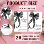 SIXEIGHT Black Bow Birthday Invitations, Black Ribbon Bow Birthday Party Invitations, 20 Party Invitations with Envelopes for Girls Boys, Birthday Party Favor & Decoration (4"x6")-A02