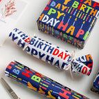 Birthday Wrapping Paper Roll - 30 Inch X 33 Feet - Reversible Metallic Foil Navy Blue Party Hat Theme Boy Gift Wrap Paper Blue Polka Dot Men Present Sheet for Kid Birthday, Party, Holiday, Celebration