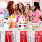 3 Pack 29 x108 Inch Red and Silver Foil Fringe Table Skirts Metallic Banner for Tinsel Streamer Garland Backdrop for Parade Floats Mother's Day, Graduate, Birthday, Wedding Party Decoration
