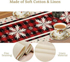 Snowflakes Christmas Table Runner,Red Buffalo Plaid Seasonal Winter Kitchen Dining Table Decoration for Home Party Decor 13x60 Inch