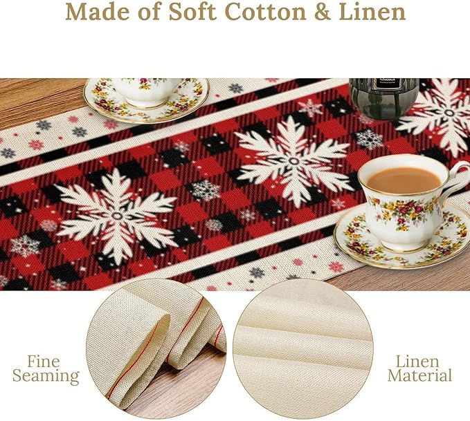 Snowflakes Christmas Table Runner,Red Buffalo Plaid Seasonal Winter Kitchen Dining Table Decoration for Home Party Decor 13x36 Inch
