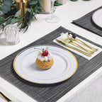 N9R 100PCS Gold Plastic Plates, 10.25 inch White Disposable Dinner Plate with Gold Rim, Heavy Duty Plates for Party Wedding and Birthday