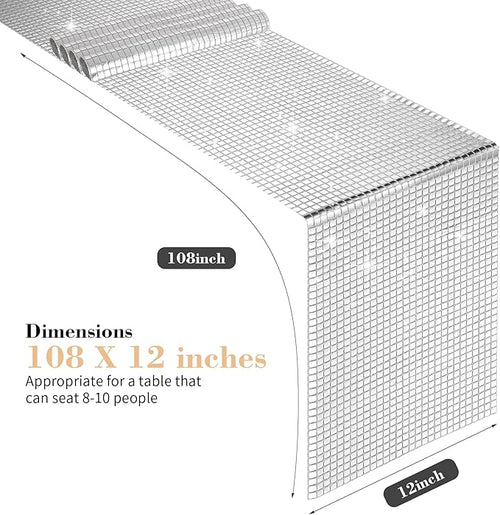 2 Packs 12x108 Inch Disco Table Runner Silver Glitter Foil for Bachelorette & Theme Party Disco Ball Decorations