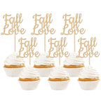 24 PCS Fall in Love Cupcake Toppers Glitter Fall Theme Bridal Shower Cupcake Picks for Autumn Wedding Engagement Anniversary Birthday Bridal Shower Party Cake Decorations Supplies Champagne Gold