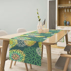 Green Dahlia Flower Table Runner, Linen Geometric Pattern Floral Table Decor Spring Farmhouse Decorations for Kitchen Dining Holiday Party Decor, 13x60 Inch