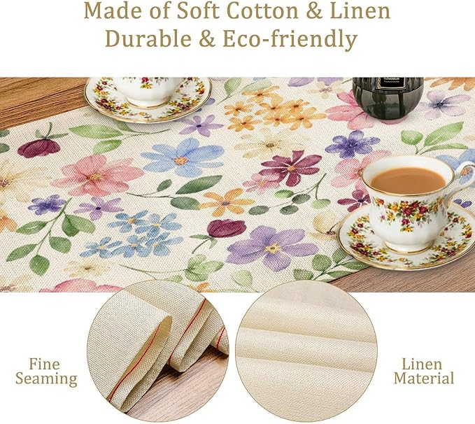 Floral Decorative Table Runner, Watercolor Floral Botanical Rustic Modern Style Pattern Printed Long Table Runner for Restaurant Kitchen Party,13in（33cm） W * 60in（152cm） L