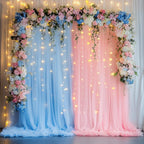 Tulle Backdrop Curtain with Lights String 10FT X 8FT Pink and Blue Sheer Tulle Backdrop Curtains for Wedding Birthday Party Reception Photo Booth Background Decorations (2 Panels 5x8FT)