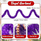 25 Feet Purple Christmas Tinsel Garland, Metallic Foil Twist Banner Wall Hanging Tinsel Streamers Backdrop for Parade Floats, Christmas, Mother's Day, Birthday Party Decorations(4in x 25ft)