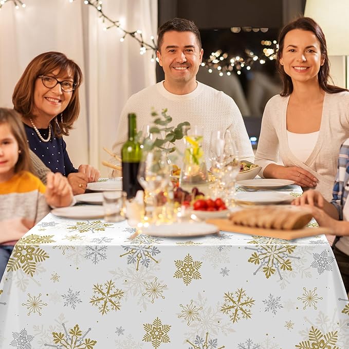 6Pcs Christmas Snowflake Party Tablecloths Decorations,Plastic White and Gold Table Cloth,Winter Rectangle Table Cover for Christmas New Year Birthday Baby Shower Holiday Party Decorations,54x108 inch