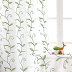 VISIONTEX Embroidered Green Sheer Voile Curtains, Leaves Embroidery Faux Linen Rod Pocket Window Drapes for Living Room and Girls Bedroom 54 x 63 Inch, Set of 2 Curtain Panels