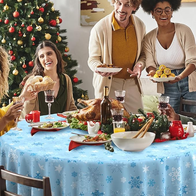 3Pcs Christmas Snowflake Plastic Party Tablecloth Decorations,Disposable Light Blue Snowflake Xmas Round Table Cover Backdrop for Winter Onederland Christmas Holiday Party Supplies,84 inch(Light Blue)