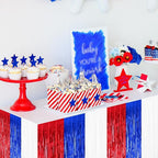 BEISHIDA 2 Pack Metallic Tinsel Foil Fringe Table Skirts for Rectangle & Round Tables Red, Blue, White Kids' Birthday, Holiday Cartoon Party Decorations Birthday, July 4th, Baby Shower, Festive Events