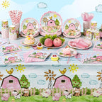 452 Pcs Pink Farm Animal Birthday Decorations for 50, Barnyard Animal Paper Plates Napkins Cups Tablecloth Cutlery Straws Barn Farm Tableware Set for Birthday Baby Shower Party Supplies