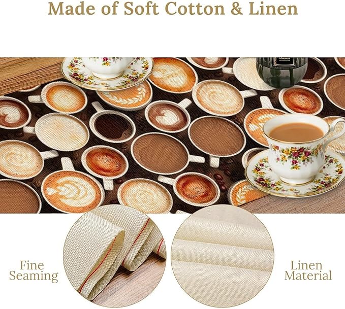 Coffee Theme Table Runner, Farmhouse Coffee Cup Latte Cappuccino Tea Party Rustic Cafe Table Center Decor for Home Kitchen Dining Patio Holiday Party Indoor Outdoor Table Decorations,13"x108" Inch
