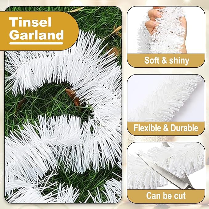 Macaron 25ft Metallic Twist Tinsel Garland - Wall Hanging Backdrop for Christmas Eve, New Year & Valentine's Day Parties (White, 4in x 25ft)