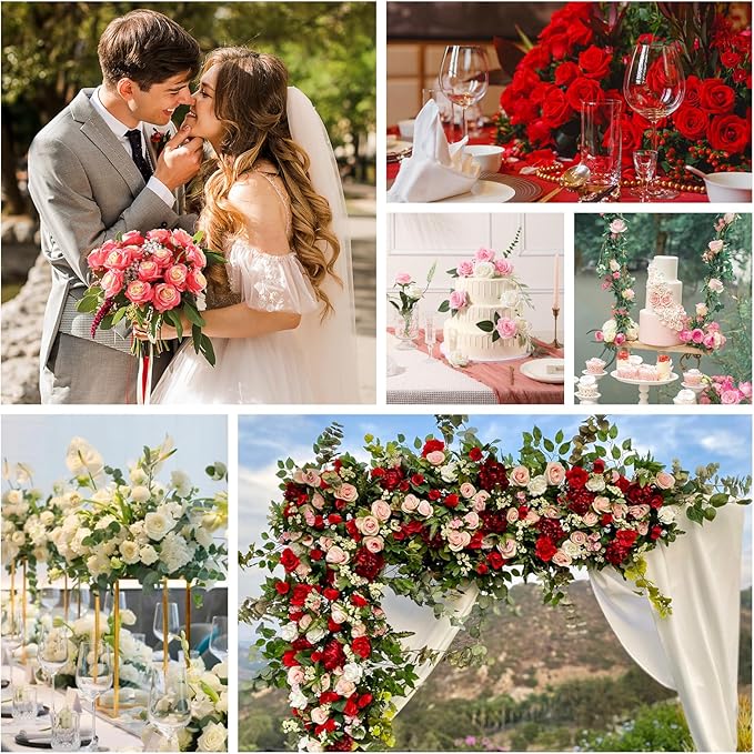 Tifuly Pink Roses Artificial Flowers - 12 pcs Realistic Single Long Stem Fake Silk Roses Bouquet for Party Home Wedding Centerpiece Office DIY Decor