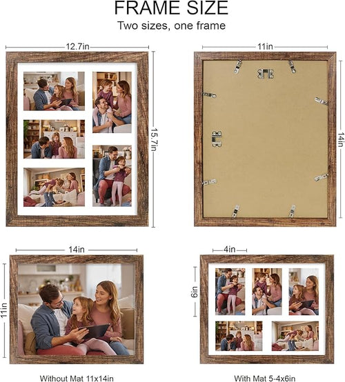 11x14 Picture Frame Set of 2, Rustic Brown Wood Frame with Real Glass Collage Picture Frames, Display Pictures Five 4x6 With Mat or 11 x 14 Without Mat, Photo Frames Wall Gallery