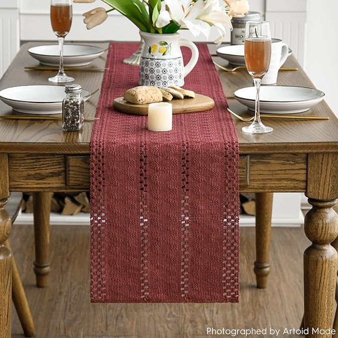 Artoid Mode Red Farmhouse Woven Rustic Hollow Table Runner, Seasonal Holiday Hollow Kitchen Dining Table Decoration for Home Party Decor 12x108 Inch