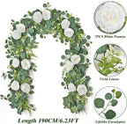 2PCS Artificial Eucalyptus Flowers Garland with White Roses 6.23FT Floral Garland Fake Peony Rose Vines Decorative Wall Hanging Plant for Wedding Party Arch Table Wall Backdrop Decor