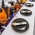 SUT 175 Pcs Black and Gold Plastic Dinnerware Set for 25 Guests, Include: 25 Dinner Plates, 25 Dessert Plates, 25 Pre Rolled Napkins With Silverware, 25 Cups, Disposable Plates for Halloween, Party