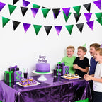 Black Purple Green Party Decorations Metallic Fabric Triangle Pennant Banner Flag Bunting for Boys Men Birthday Graduations Wedding Bachelorette Retirement Video Game Level Up Theme Party Supplies