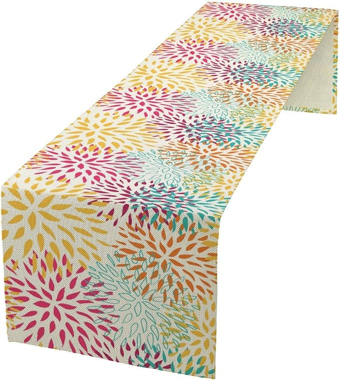Abstract Flowers Table Runner, Chrysanthemum Dahlia Vintage Modern Colorful Spring Summer Elegant Table Runner for Party Kitchen Dining Living Room Laundry Room Decor, 13x90 Inch