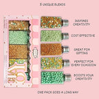 Confect Edible Sprinkles Mix Pack of 5 – Cool Summer Breeze Theme – Yellow Pearl Dragees, Mint Green & Gold Jimmies, Sparkling Gold Sugar – Cake & Cupcake Decorating Toppings - Vegan, Gluten-Free, Nut-Free, Soy-Free, Dairy-Free, Palm Oil-Free- 5 Oz
