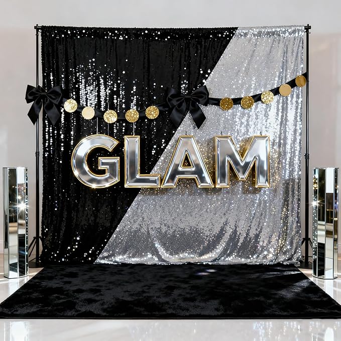 Silver Sequin Backdrop Party Decorations - 3 Packs 2ft x 8ft Silver Photography Background Curtain for Christmas Birthday