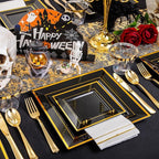 Festiva 350Pcs Black and Gold Plastic Plates-50Guests Disposable Square Black Dinnerware Set include 100 Plastic Plates,50Cups,150Plastic Cutlery,50Napkins for Halloween Party &Wedding&New Year