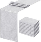 Silver Sequin Table Runners 10 Packs 12x108 Inches Holiday Celebration Sparkly Table Runners for Birthday Party Supplies Decorations