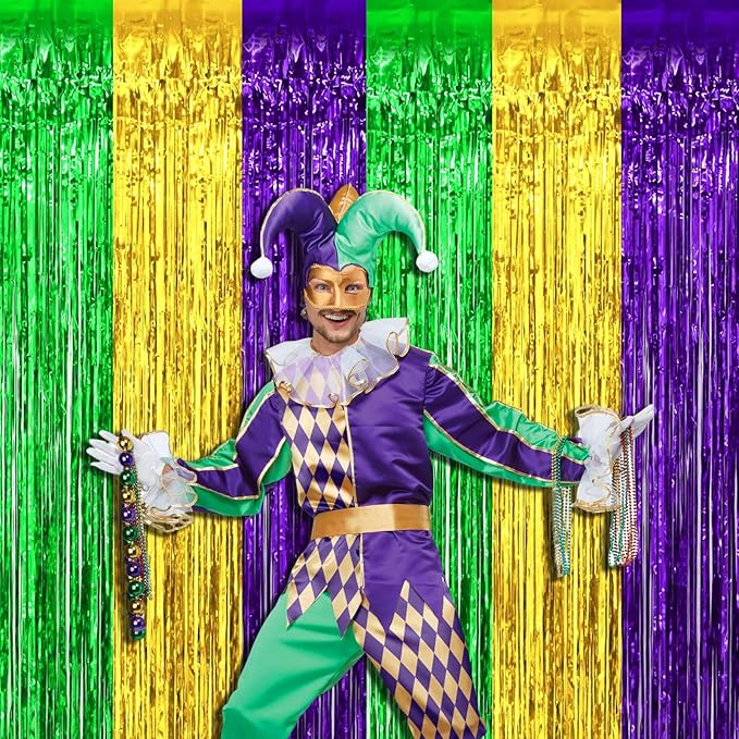 4 Pack Mardi Gras Foil Fringe Curtain Backdrop, 3.28Ft x 8.2Ft Gold Green Purple Metallic Tinsel Foil Fringe Streamers Curtains for Photo Booth, Wedding, Birthday, Carnival Party Decoration