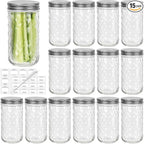 CycleMore 15 Pcs 12oz Mason Jars With One Piece Silver Metal Lids, Canning Jars Glass Regular Mouth Jar for Honey, Jam, Jelly, Wedding Favors, Kitchen Food Storage
