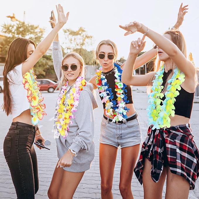 120PCS Hawaiian Leis Party Decorations, Leis for Luau Party Decor, Hawaiian Lei Colorful Tropical Theme Silk Flower Bulk, Flower Garland Summer Pool Birthday Favors Supplies Accessories ﻿
