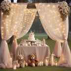 10×10ft Champagne Tulle Backdrop Curtain with Lights String for Parites, Sheer Photo Curtain Backdrop Drapes for Wedding Party Photography Backgrounds