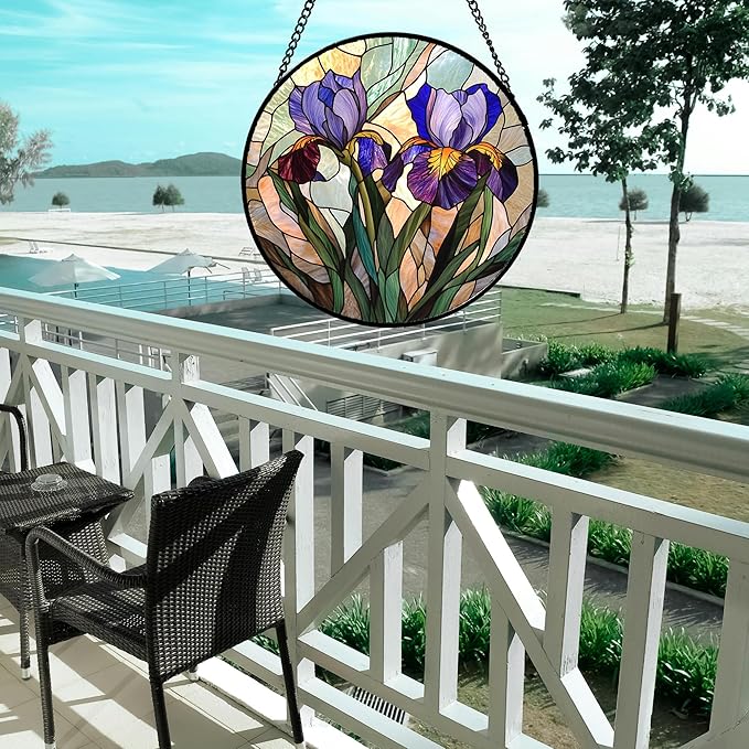 Stained Glass Window Hanging, Purple Blue Iris Birth Flower Suncatcher for Doors Garden Yard Sun Catchers Decor Christmas Mother's Day Birthday Gifts for Teacher Women Mom Nana Wife 15 in