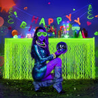 Mega-L Glow in The Dark Party Supplies, 2 Pack Neon Party Decorations Fluorescent Macaron Yellow Wavy Metallic Tinsel Foil Fringe Table Skirts, Perfect Table Decors for Glow Birthday Decor