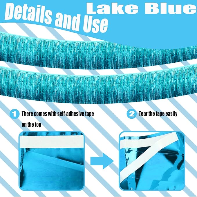6 Pack 10 Feet Foil Fringe Garland Metallic Tinsel Streamers Banner Wall Hanging Curtain Backdrop Banner for Parade Floats, Thanksgiving, Christmas, Birthday, Halloween Party Decorations(Lake Blue)